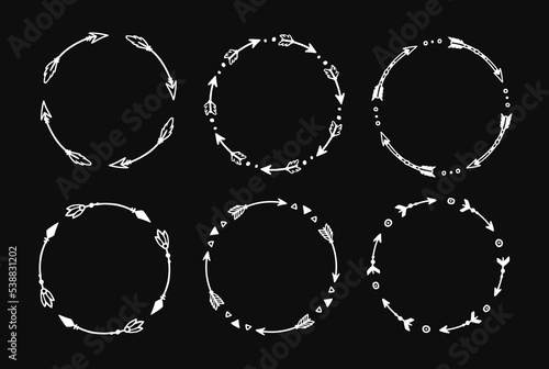 Boho arrow circle frame set. Hand drawn doodle african, aztec rustic ethnic arrow border, ornament circle frame. Tribal boho decor design. Vector illustration.