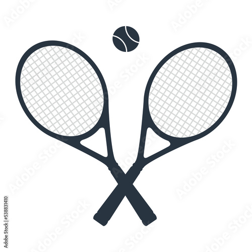 Tennis rackets and a ball. Tennis and ball icon in fashionable flat style, highlighted on a white background. A sports symbol for your web design, logo, user interface. Vector illustration.