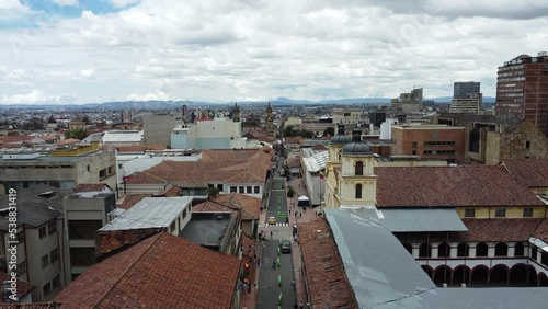 Colombia, Bogota'2022  - Drone aerial view of Plaza Bolivar downtown of the city view from  Candelaria old historic Spanish colonial district photo