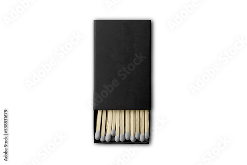 Blank black open matchbook mockup template isolated on white background. 3d rendering. photo