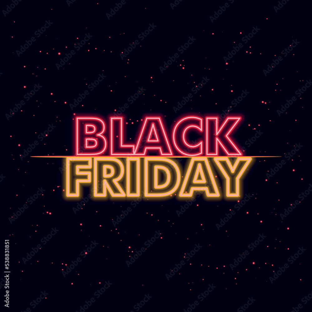Fototapeta premium Black Friday Sale neon sign. Horizontal light banner with a outer space background