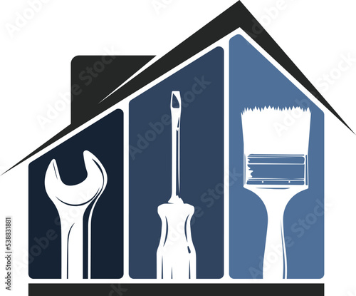 Home repair and service. Construction and repair tool and house symbol