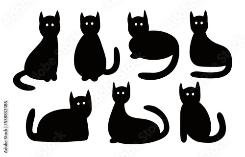 Black cat poses doodle collection set illustration vector. Cute silhouettes animal design.