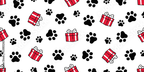 dog paw seamless pattern footprint gift box christmas Santa Claus cartoon birthday tile background repeat wallpaper illustration gift wrapping paper scarf isolated design