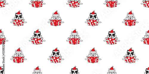 dog seamless pattern french bulldog christmas gift box santa claus hat snowflake polka dot scarf isolated vector puppy pet cartoon gift wrapping paper tile background repeat wallpaper doodle illustrat