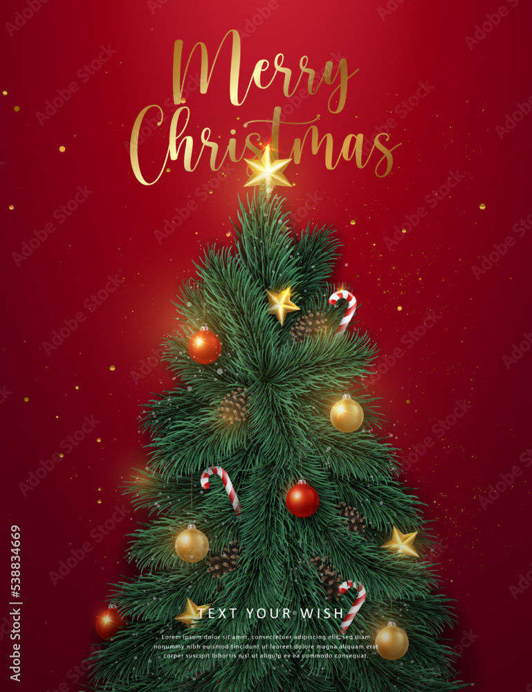 Merry Christmas composition 3D realistic pine fir tree candy cane and decoration bauble ball star ornaments Merry Christmas composition 3D realistic pine fir tree candy cane and decoration bauble ball star ornaments