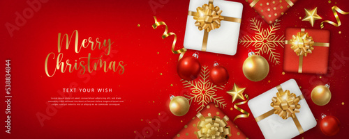 Merry Christmas composition 3D realistic gift box with golden ribbon snow flake and decoration baubles ball star ornaments