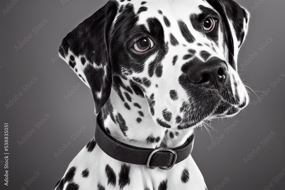 Beautiful dalmatian dog with collar on neutral background, cute and minimalist, 3d illustration