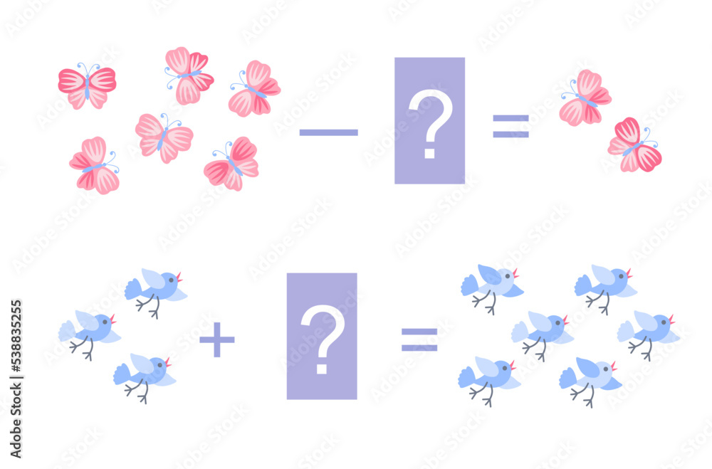 Educational game for children. Cartoon illustration of mathematical addition and subtraction. Vector image. Examples with pink butterflies and blue birds.
