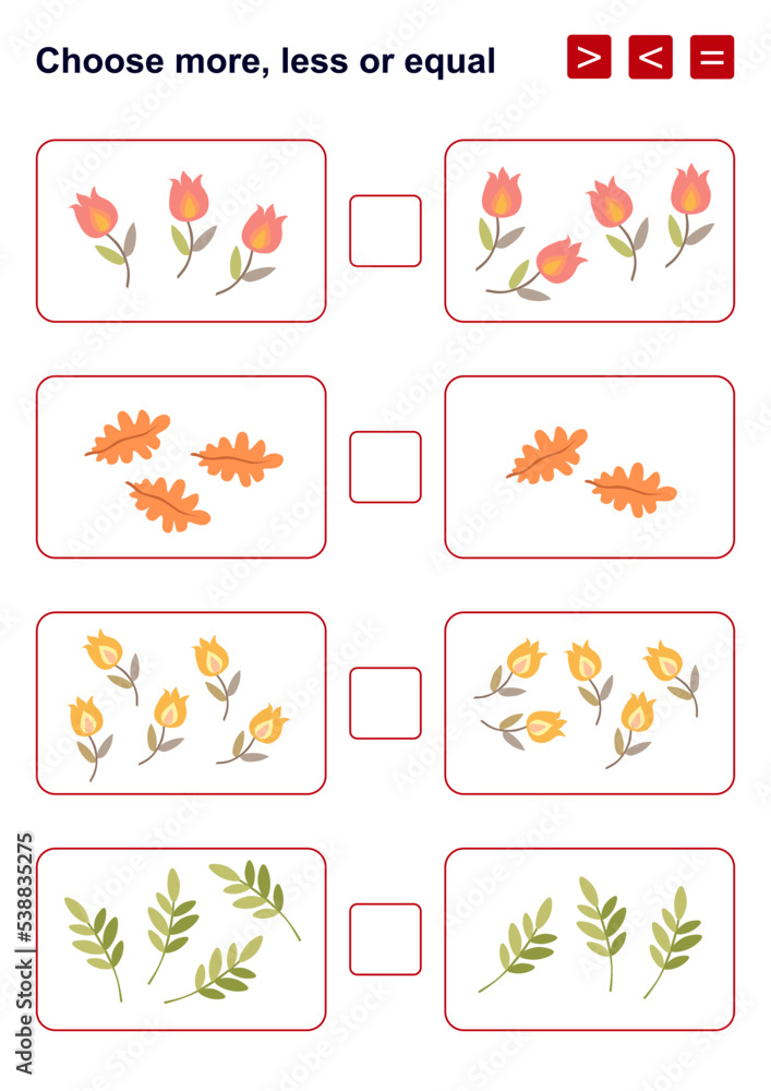 Choose more, less or equal between right and left parts. Task with flowers and leaves. Puzzle for kids.