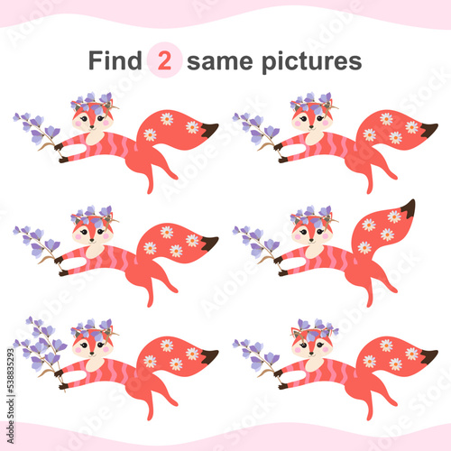 Fototapeta Naklejka Na Ścianę i Meble -  Find two identical foxes with flowers and connect them with a line. Educational game for kids.