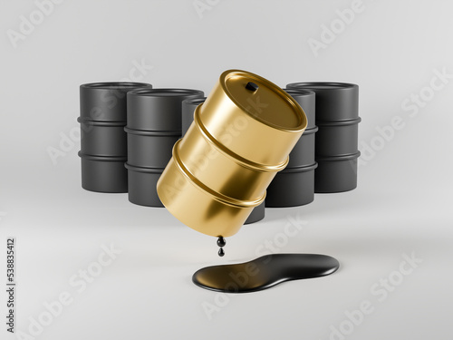 Three dimensional render of gold colored oil drum leaking oil photo