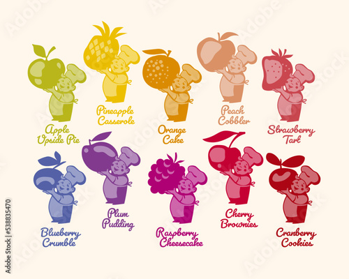 Assorted fruit pastry. Summer bakery labels.