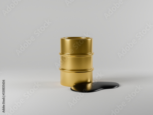 Three dimensional render of gold colored oil drum leaking oil