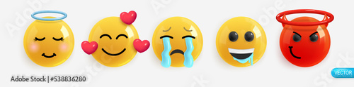 Emotion Realistic 3d Render. Set Icon Smile Emoji. Vector yellow glossy emoticons.