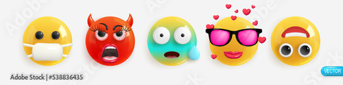 Emotion Realistic 3d Render. Set Icon Smile Emoji. Vector yellow glossy emoticons.