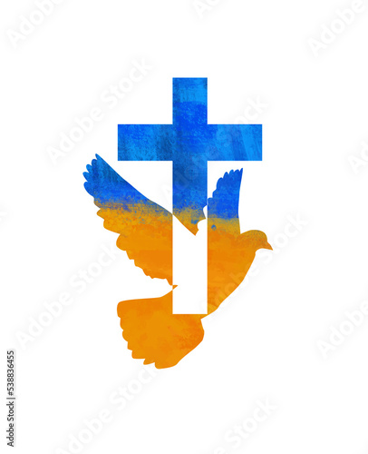Dove flying with a Symbol of Religion. Cross. Ukrainian flag colors Dove Of Peace. No war. Freedom to Ukraine .