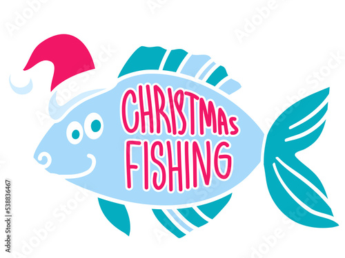 Christmas funny fish in Santa red hat and holiday text on vector vintage card background. Winter fishing card illustration with holiday text. Christmas fishing.