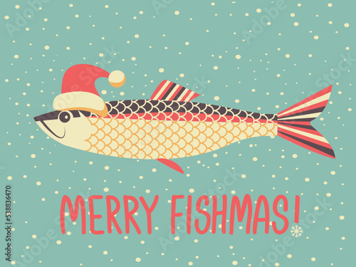 Christmas funny fish in Santa red hat and holiday text on vector vintage card background. Winter fishing card illustration with holiday text. Christmas fishing.