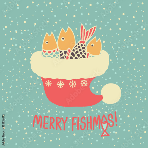 Christmas fishing. Fishes in Santa red hat. Vector winter fishing illustration with holiday text on vintage card. Merry fishmas christmas vintage blue snow card background.