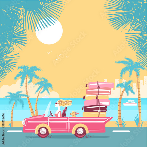 Woman driving car to sun beach. Glamour blond woman with Luggage bags driving pink cabriolet to summer vacation. Vector Illustration of Tropical sunshine sky and palms on beach background.