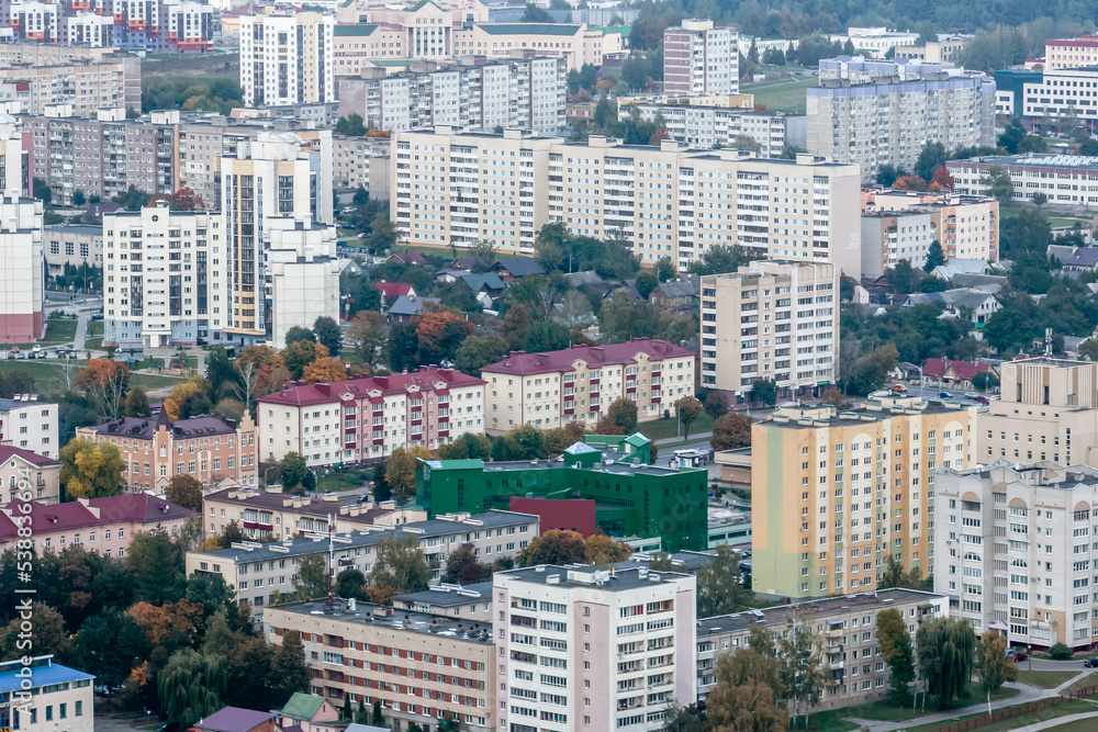 aerial panoramic view from height of a multi-storey residential complex and urban development