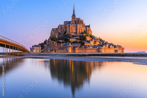 Mont Saint-Michel. View from the southeast during sunrise. Normandy, France.