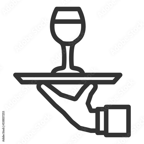 A hand presents a glass of wine on a tray - icon, illustration on white background, outline style