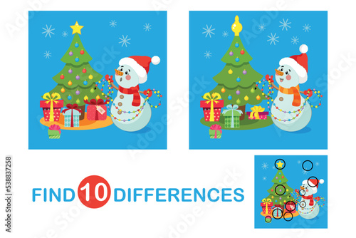 Find differences. game for children. Cute snowman decorates the Christmas tree