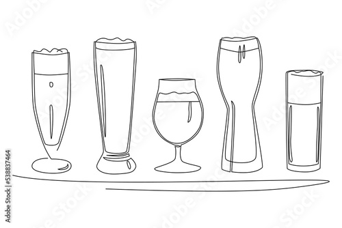 Hand drawn beer glasses of different shapes. Line vector illustration.