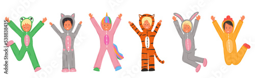 Cute kids set in kigurumi pajama. Onesie party