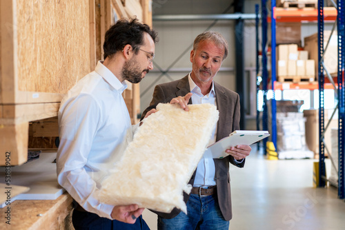 Senior businessman discussing over insulation with colleague at industry photo