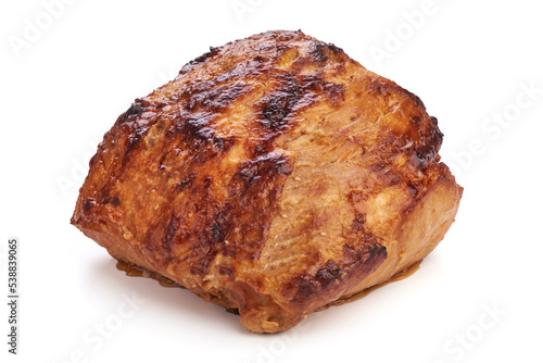 Delicious Roast Pork chop, baked spicy meat, close-up, isolated on white background.