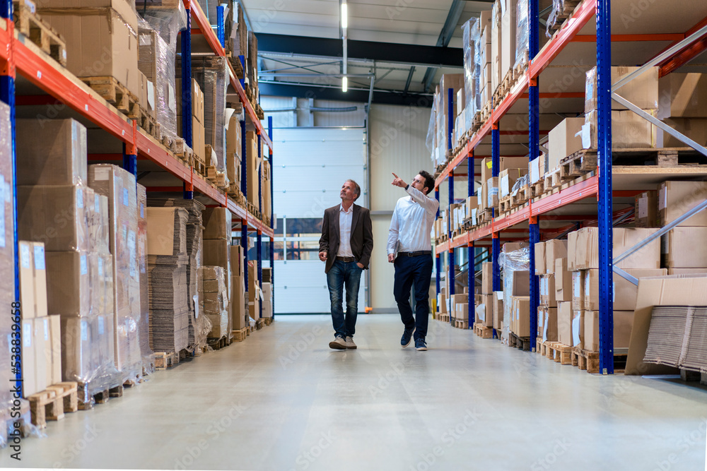 Businessman walking with colleague pointing at containers Businessman walking with colleague pointing at containers