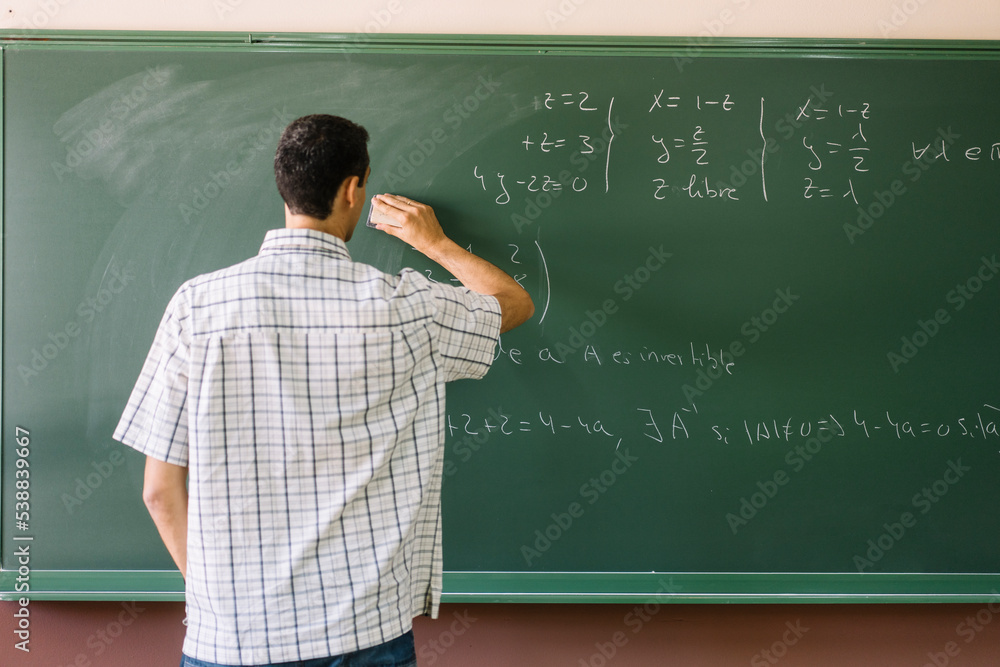 Teacher erasing math formulas on chalkboard Teacher erasing math formulas on chalkboard