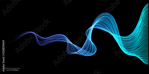 Vector abstract light lines wavy flowing dynamic in blue green colors isolated on black background for concept of AI technology, digital, communication, 5G, science, music