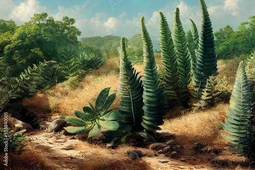 Prehistoric landscape of flora and fauna from jurassic era  with fern plants photo