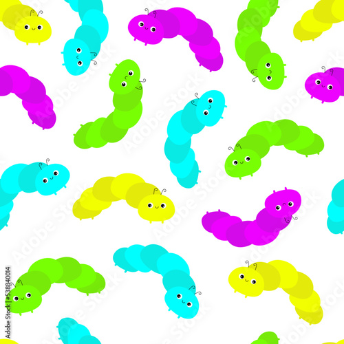 Caterpillar seamless pattern. Cute crawling bug. Insect icon set. Cartoon funny kawaii baby animal character. Smiling face. Colorful bright color. Flat design. White background.