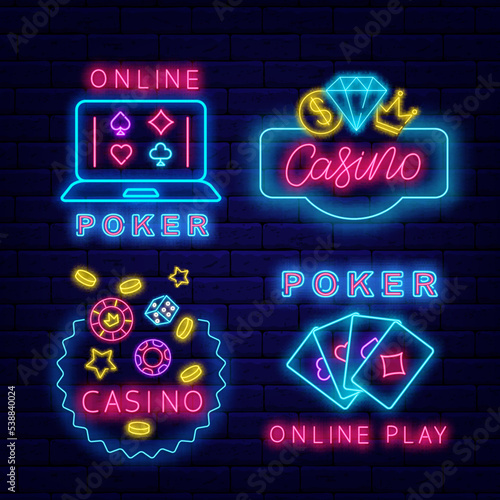 Casino neon labels collection on brick wall. Poker online play emblem. Glowing jackpot badge. Vector stock illustration