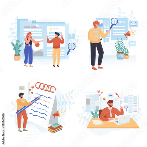 Journalism concept scenes set. Journalist writes article, online media publish post, news on publication website. Collection of people activities. Illustration of characters in flat design