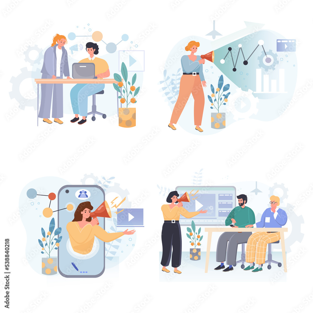 Digital marketing concept scenes set. Marketers develop business, create video content, attract new buyers or traffic. Collection of people activities. Illustration of characters in flat design