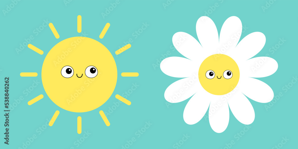 Sun shining white daisy chamomile set. Smiling face head. Camomile icon. Cute flower plant collection. Love card. Cartoon kawaii funny character. Growing concept. Flat design. Green background.