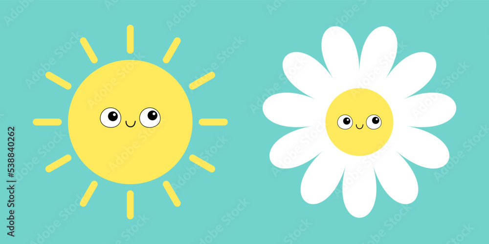 Sun shining white daisy chamomile set. Smiling face head. Camomile icon. Cute flower plant collection. Love card. Cartoon kawaii funny character. Growing concept. Flat design. Green background. Sun shining white daisy chamomile set. Smiling face head. Camomile icon. Cute flower plant collection. Love card. Cartoon kawaii funny character. Growing concept. Flat design. Green background.