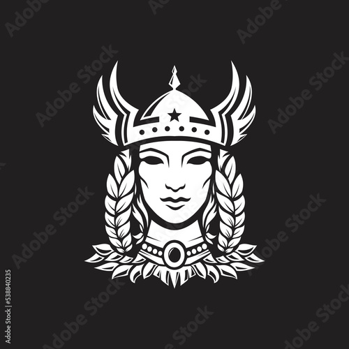 Vector of Scandinavian mythological character woman-warrior Valkyrie in winged helmet
