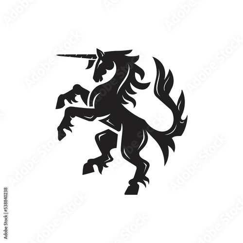 Heraldic unicorn horse with horn isolated in white background