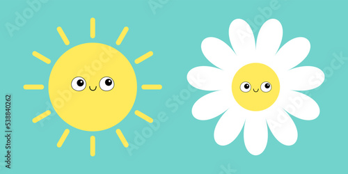 Sun shining white daisy chamomile set. Smiling face head. Camomile icon. Cute flower plant collection. Love card. Cartoon kawaii funny character. Growing concept. Flat design. Green background.