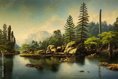 Prehistoric landscape of flora and fauna from jurassic era with scaly trees photo