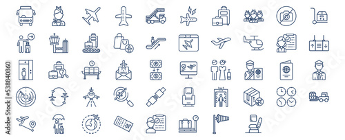 Collection of icons related to Aviation travel and airport, including icons like Air hostess, aircraft, baggage, Duty free, passenger and more. vector illustrations, Pixel Perfect set
