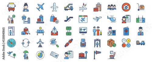 Collection of icons related to Aviation travel and airport, including icons like Air hostess, aircraft, baggage, Duty free, passenger and more. vector illustrations, Pixel Perfect set