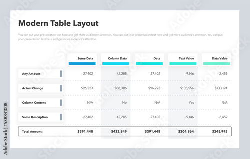 Modern table layout template with a total amount row. Flat infographic design.
